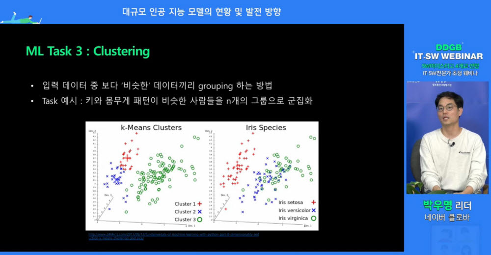 박우명 네이버 클로바 개발리더가 SW마이스터고 4개교 연합 IT·SW 전문가 초청 웨비나에서 하이퍼 클로바에 대해 설명하고 있다.