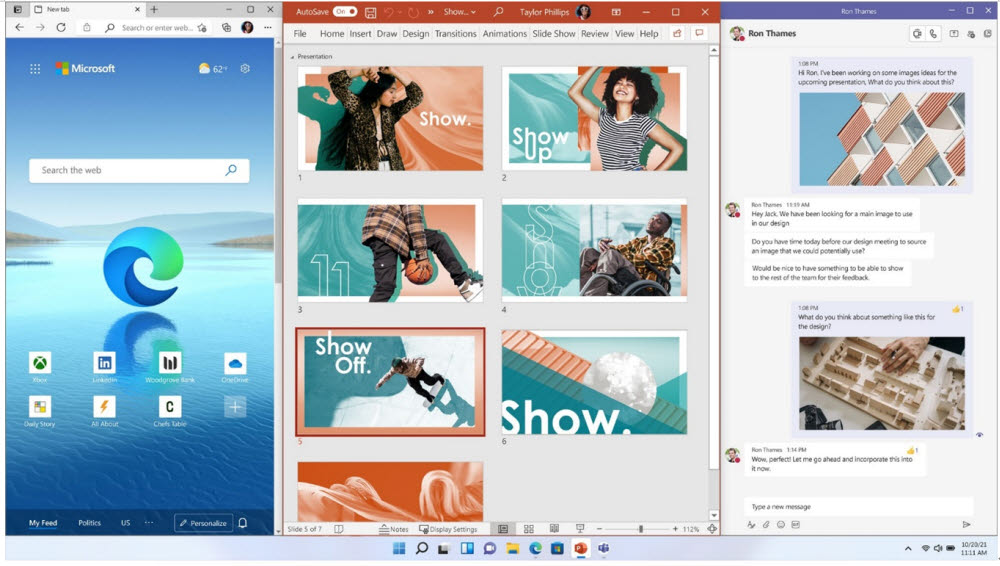 윈도11에서는 이용자가 원하는대로 화면 분할과 배치가 가능하다. 사진=마이크로소프트