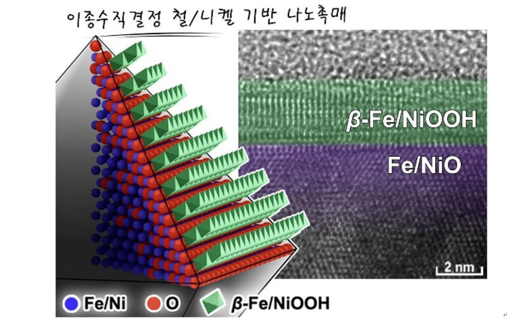 연구진이 개발한 나노입자의 개념도와 원자 해상도 전자현미경 촬영 사진. 약 30nm 크기 정팔면체 형태의 철/니켈 기반 나노입자 표면에 2~3 nm 두께의 수직결정 철/니켈 수산화물 결정이 자라 있는 모습을 (우) 원자 수준의 고해상도 전자현미경으로 관찰할 수 있으며, (좌) 그 구조를 설명하기 위한 간략한 개념도를 제안함. <이미지 제공=고려대>