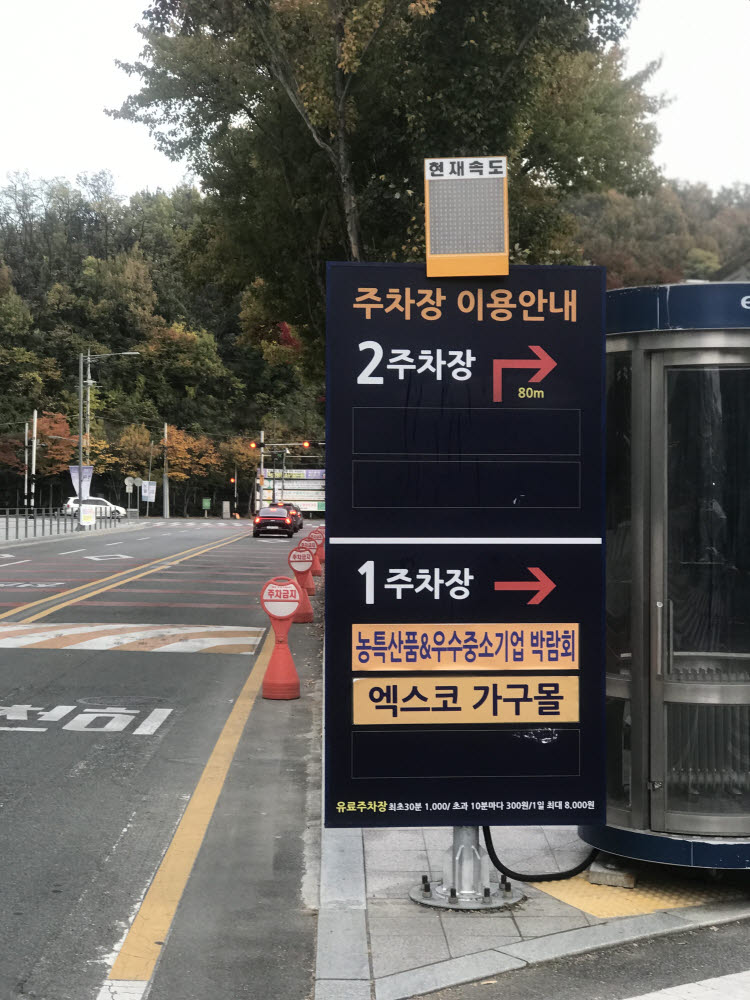 엑스코 전시관 도로에 설치된 과속 경보 알림표지판