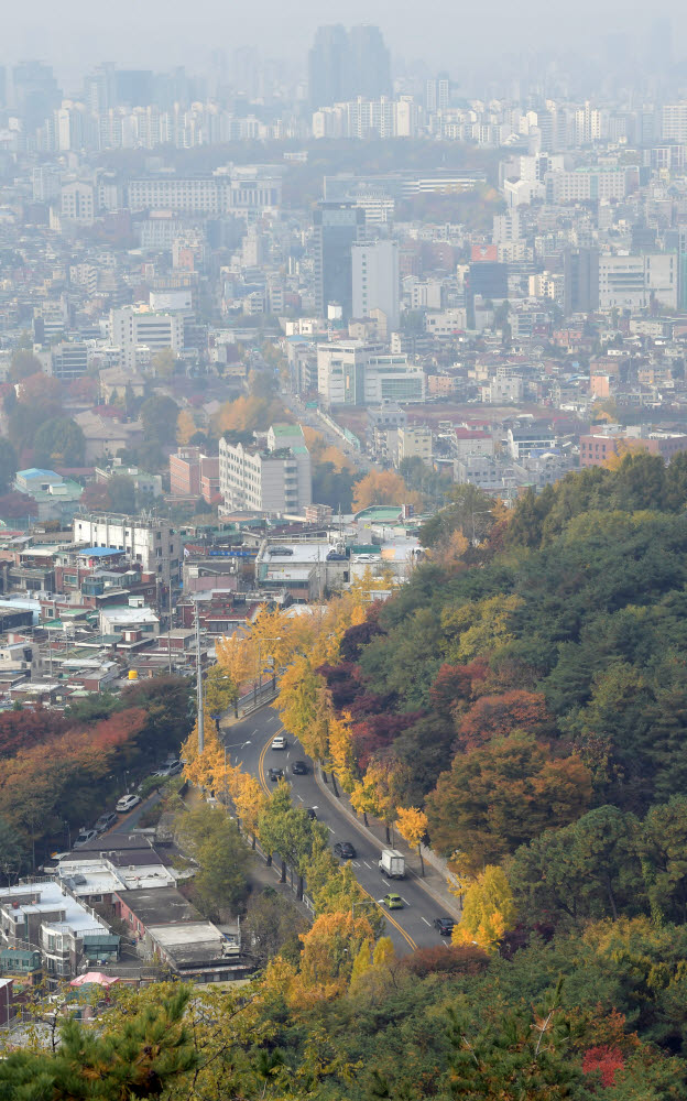 전국 곳곳에 초미세먼지 농도가 나쁨 수준을 보인 5일 서울 남산공원에서 바라본 뿌연 도심과 소월로의 알록달록 물든 단풍이 대비를 이루고 있다.