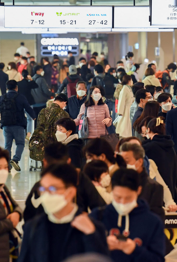 단계적 일상회복(위드 코로나) 1단계 시행 후 첫 주말인 7일 김포공항 국내선 출발층이 여행객으로 북적이고 있다.