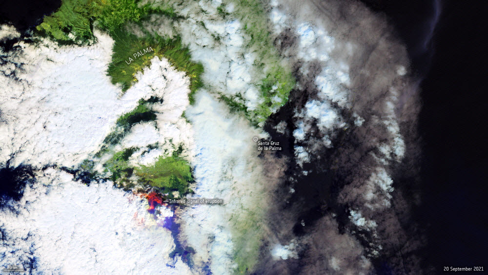 센티널 2호 위성에 포착된 9월 20일(현지시각) 스페인 라팔마섬 쿰브레 비에하 화산 용암 분출 징조. 사진=유럽연합국(ESA)