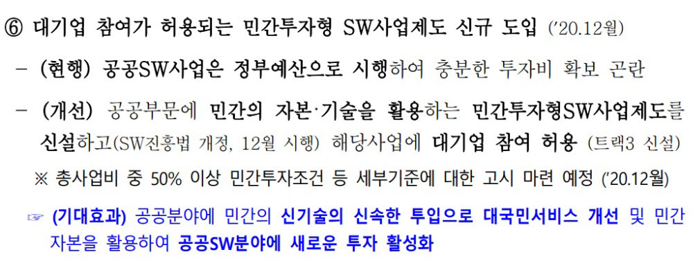 민간투자형 SW사업 제도는 공공기관은 부족한 예산을 확보하며 대국민 서비스를 개선하고 대기업은 공공SW 사업 참여 기회를 늘리는 게 기대효과다.