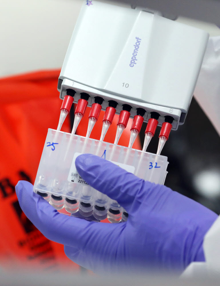 세종보건환경연구원 보건연구사가 30일 세종시 조치원읍 세종보건환경연구원에서 코로나19 오미크론 변이 신속 PCR분석을 위해 검체 반응시약 실험을 하고 있다.