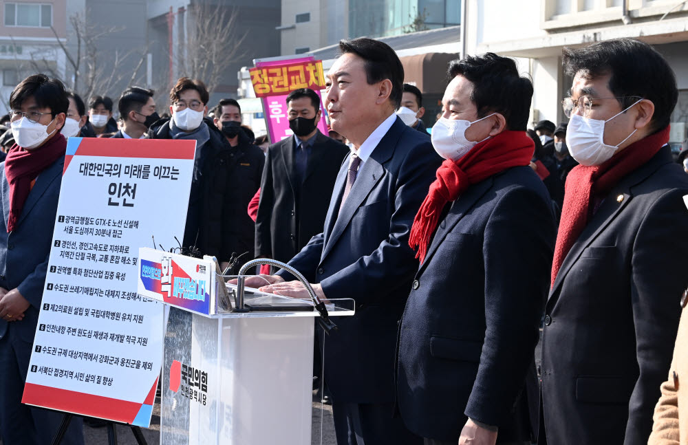 산업화·교역일번지 인천지역 공약 발표하는 윤석열 국민의 힘 대선 후보