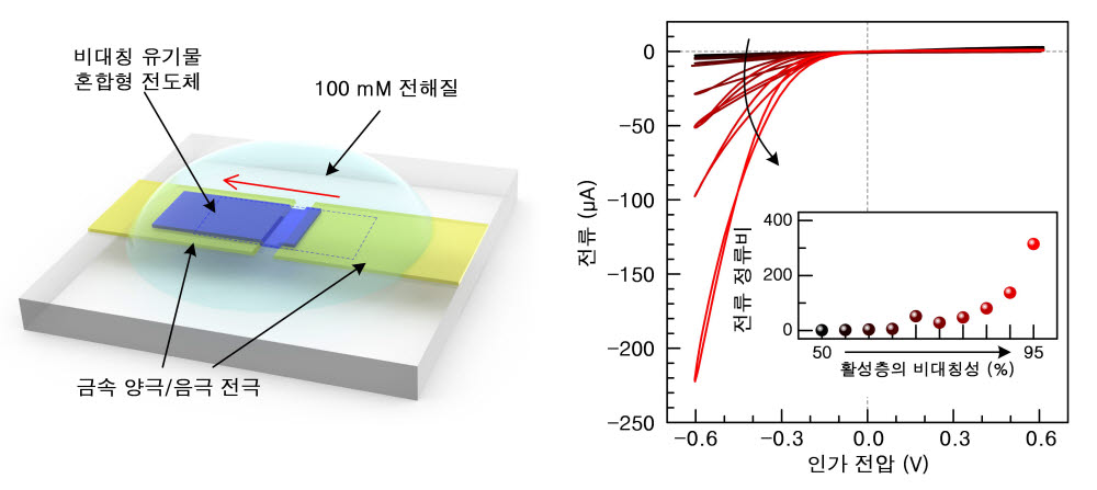 이번 연구에서 제안한 소자의 모식도(왼쪽)와 비대칭 활성층 형성을 통한 전류 정류 특성 그래프.