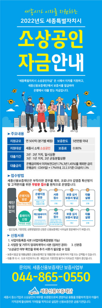 세종신용보증재단, 500억 규모 소상공인자금 지원