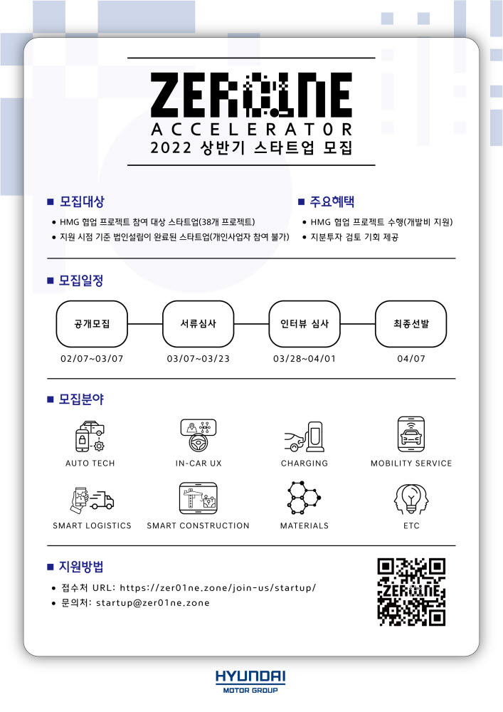 현대차그룹이 2022년 상반기 제로원 액셀러레이터 스타트업을 모집한다.