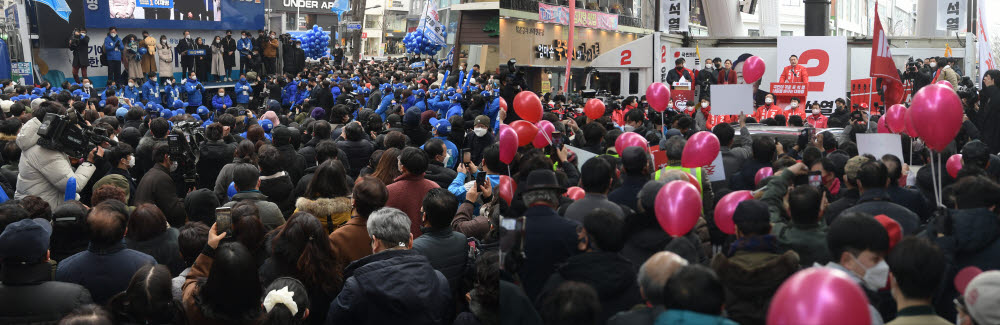 '충남권 표심을 잡아라' 같은장소 유세 나선 이재명-윤석열