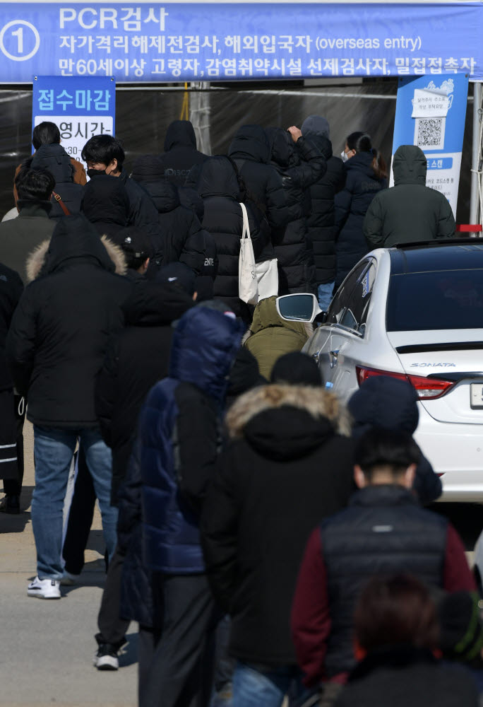 23일 대전월드컵경기장에 마련된 유성구 선별진료소에서 시민들이 PCR검사를 받기 위해 줄지어 서있다.