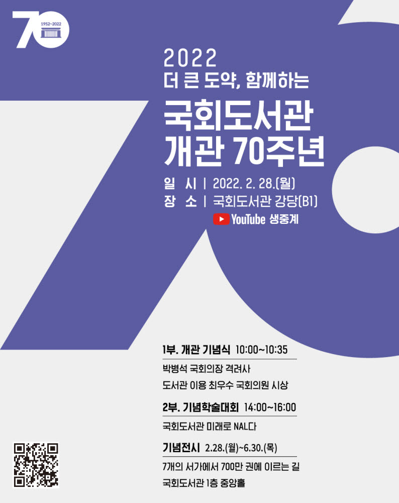 국회도서관 개관 70주년 행사 28일 열려…'도서관 이용 최우수 의원' 시상도