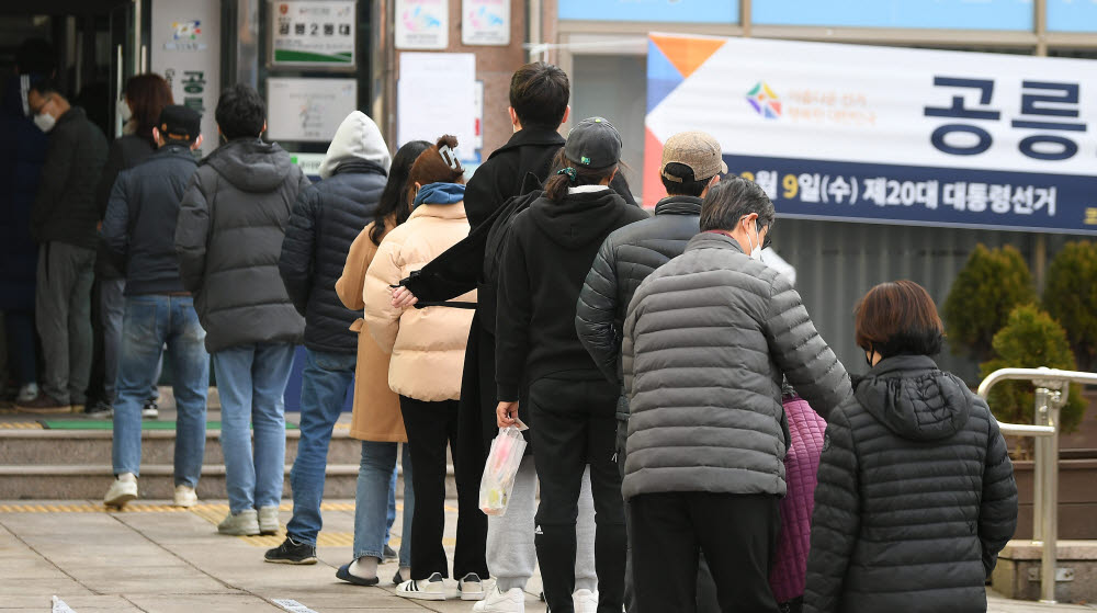 제20대 대통령 선거일인 9일 서울 노원구 공릉2동 주민센터에 마련된 공릉2동 제1투표소에서 유권자들이 줄지어 서있다.