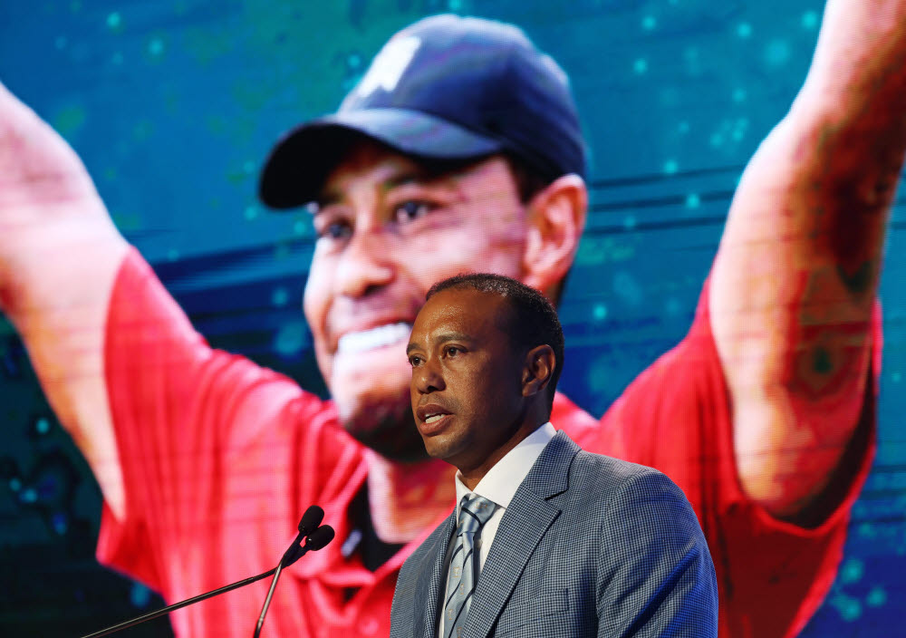 PONTE VEDRA BEACH, FLORIDA - MARCH 09: Inductee Tiger Woods speaks during the 2022 World Golf Hall of Fame Induction at the PGA TOUR Global Home on March 09, 2022 in Ponte Vedra Beach, Florida. Sam Greenwood/Getty Images/AFP == FOR NEWSPAPERS, INTERNET, TELCOS & TELEVISION USE ONLY ==