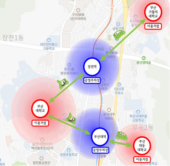 부산 공유모빌리티 활성화 시범사업 지역과 거점.