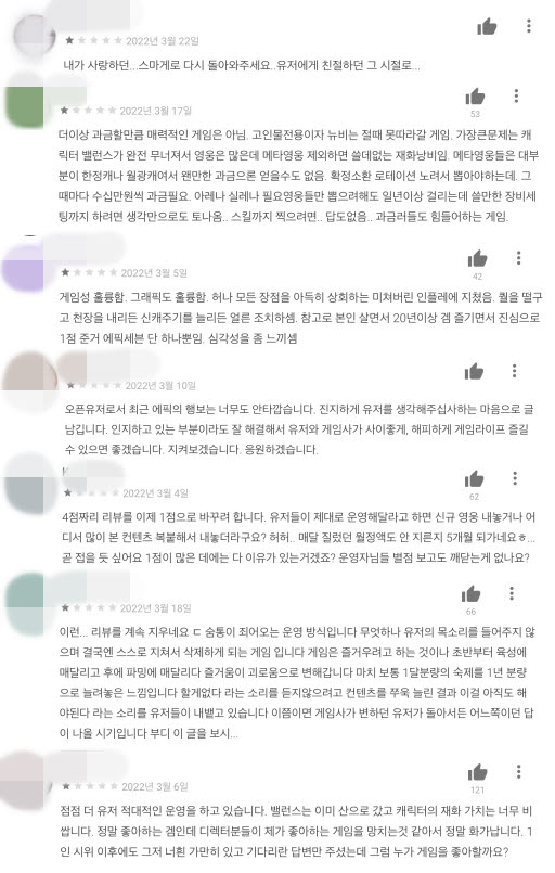 최근 구글플레이 리뷰란에 남긴 이용자 의견. 게임에 대한 애정과 실망이 동시에 묻어난다