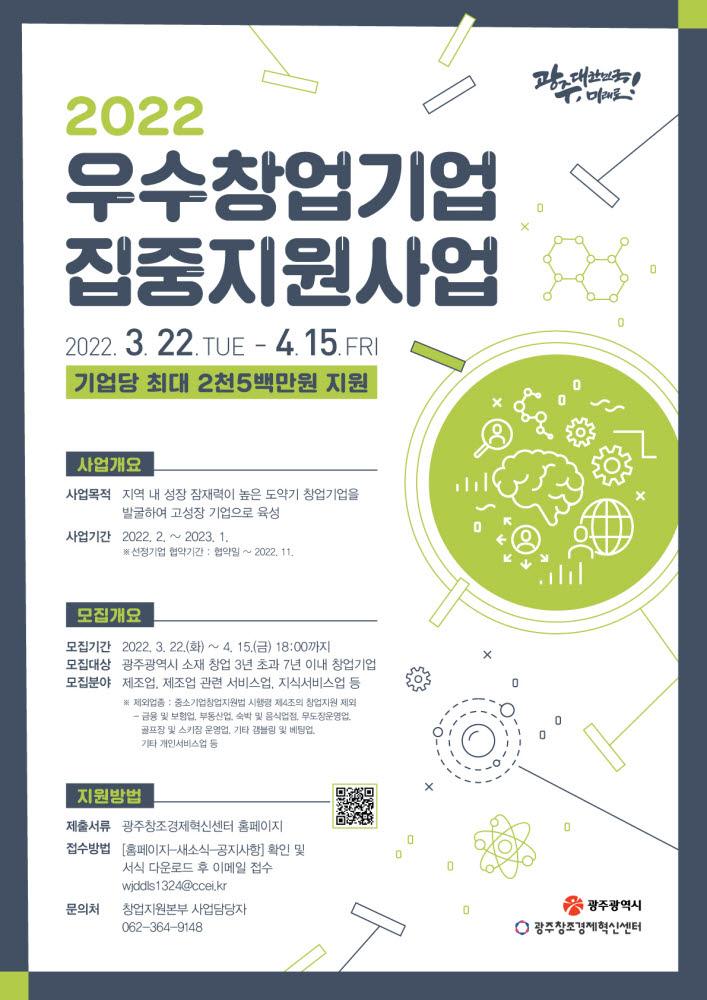 광주창조경제혁신센터는 다음달 15일까지 2022년 우수창업기업 집중지원사업에 참여할 기업을 모집한다.