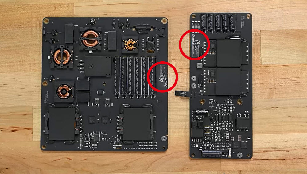 [사진설명] 미국 IT기기 분해 전문 사이트 아이픽스잇(iFixit)이 분해한 애플의 스튜디오 디스플레이 파워 서플라이 보드에서 솔루엠(SoluM) 로고(붉은 원 표시)를 확인할 수 있다. (사진 출처: iFixit 유튜브 캡처)