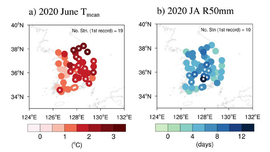 2020년 6월 기온편차(왼쪽)와 2020년 7-8월 호우빈도. 별표는 1973년 이후 최고 기록이 관측된 지점을 표기