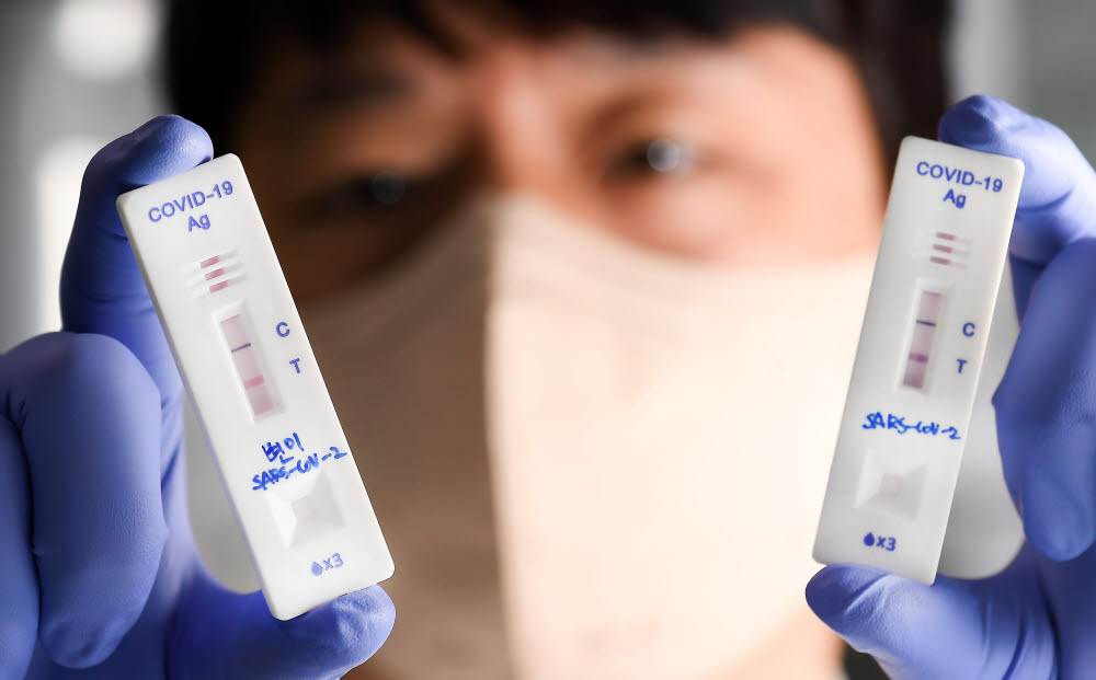 대전 유성구 화학연에서 연구원이 정상 항원과 변이 항원을 구분한 진단키트를 살펴보고 있다. 대전=이동근기자 foto@etnews.com
