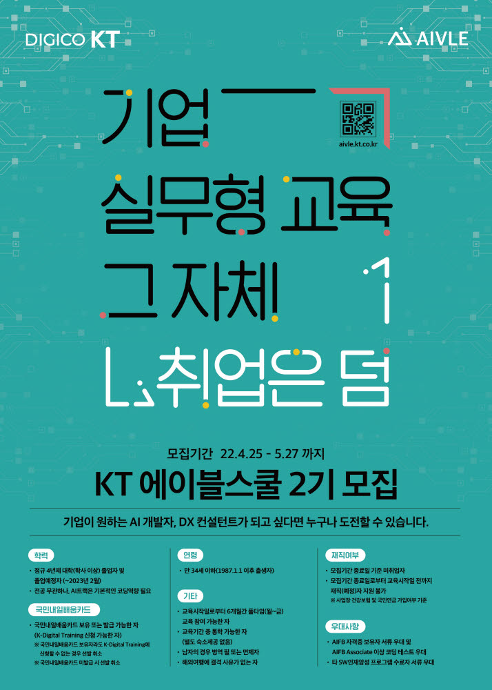 KT, 에이블스쿨 2기 교육생 모집... "AI 실무 인력 채용 기회 확대"