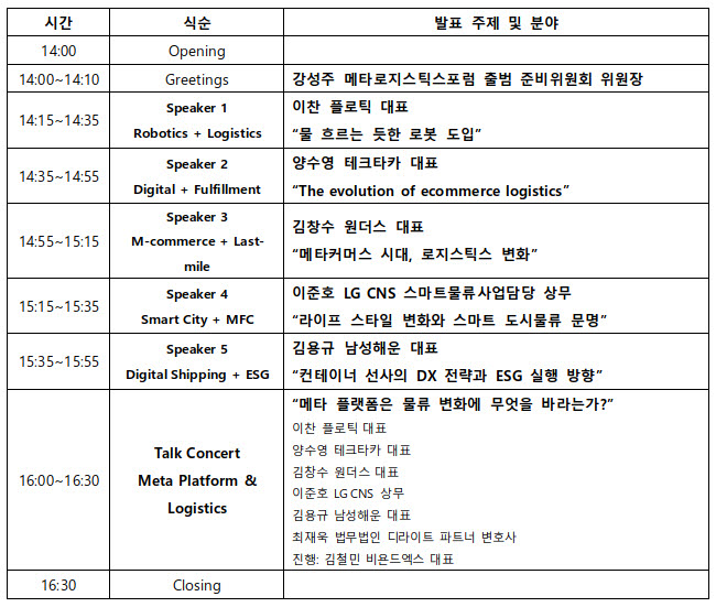 메타로지스틱스포럼 출범 기념 콘퍼런스 프로그램.