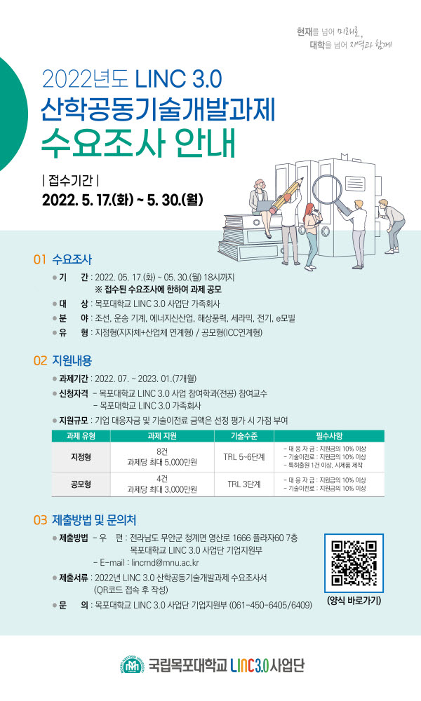 목포대 LINC 3.0 사업단 산학연 동반성장을 위한 산학공동기술개발과제 수요조사 공모 포스터.