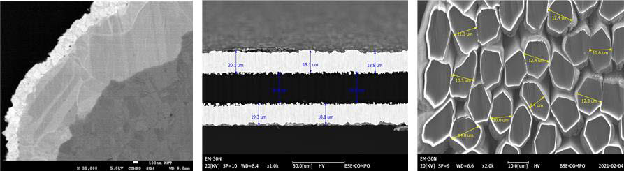 CP-8000으로 가공한 단면을 전자현미경으로 관찰한 모습. (왼쪽부터)분말 단면, 복합구조 금속필름 단면, 파이버 소재 단면. 사진=코셈