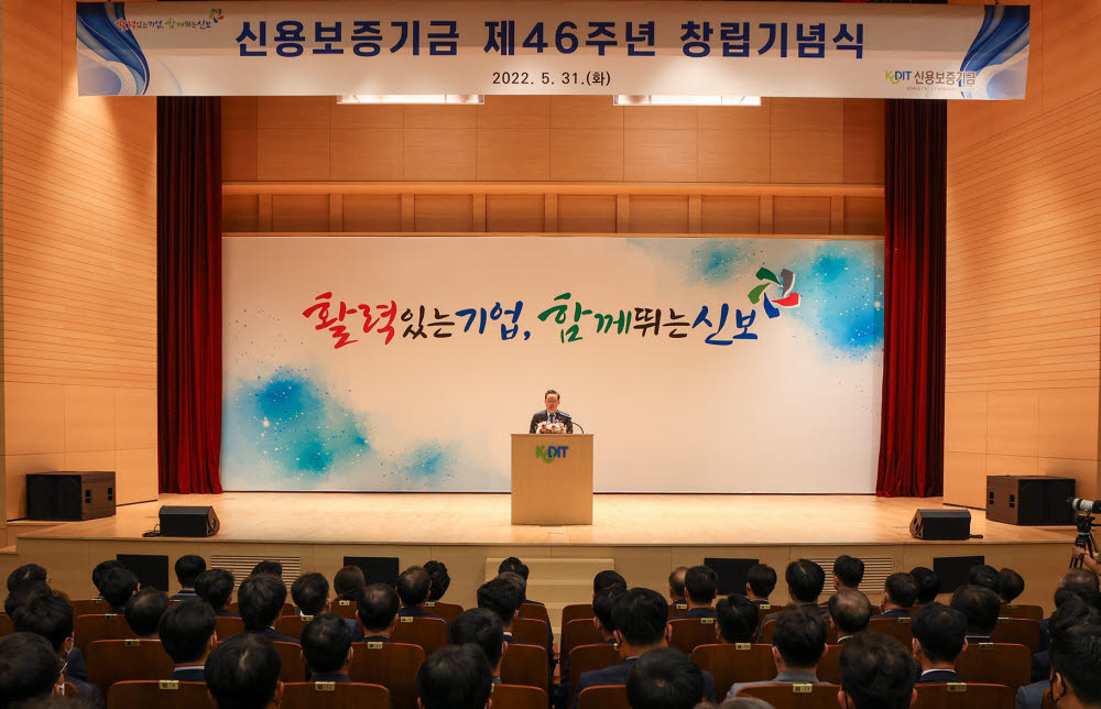 윤대희 신용보증기금 이사장이 31일 대구 본점에서 개최된 46주년 창립기념식에서 기념사를 하고 있다.