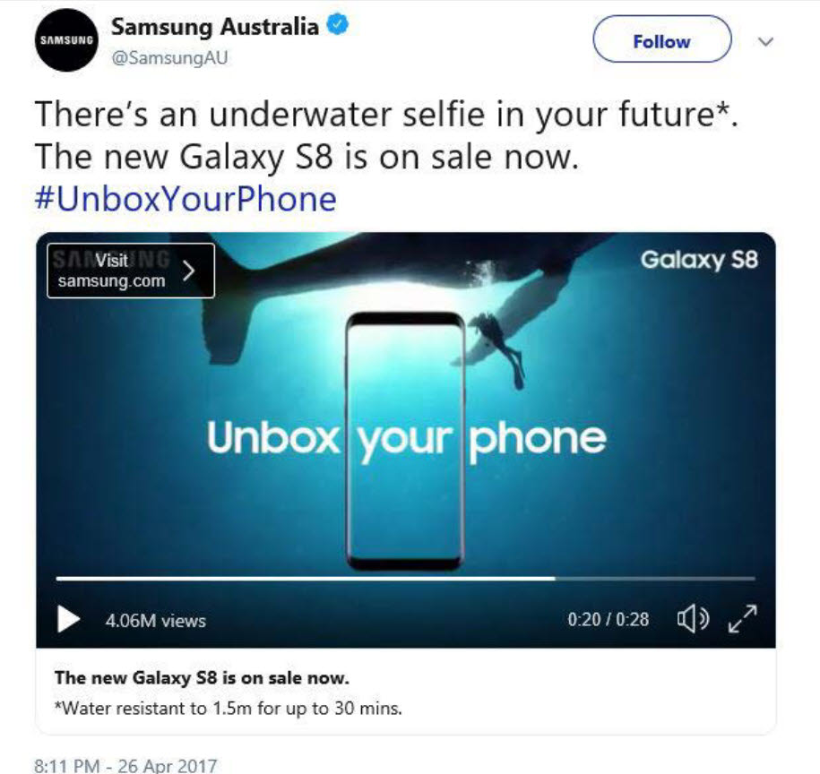 삼성전자 호주법인이 진행한 갤럭시S8 방수 기능 관련 광고 캠페인