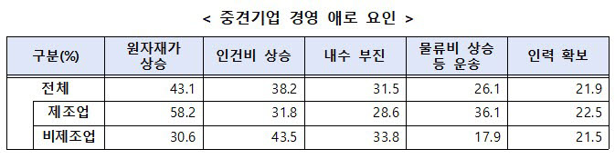 중견기업 경영애로 요인 <자료 한국중견기업연합회 제공>