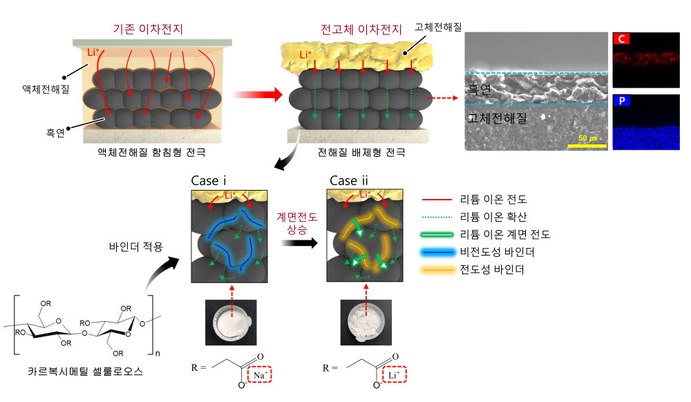 액체전해질 함침형 전극과 전해질 배제형 전극 비교 모식도(왼쪽 상단) 및 전해질 배제형 흑연 전극 전자현미경 이미지(우측 상단). 전극내 리튬이온전달 경로(아래)