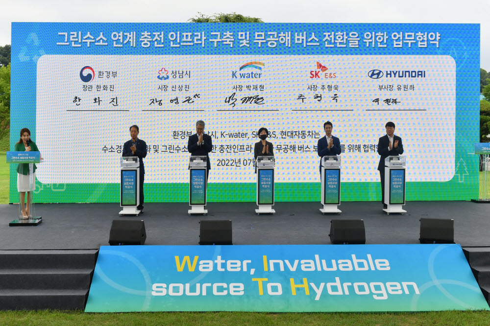 경기 성남시가 최근 사송동 394번지 일원 국내 첫 원스톱 수소 충전 인프라를 위해 환경부, 한국수자원공사, SK 이엔에스, 현대자동차 등과 성남정수장 그린수소 연계 충전 인프라 구축 및 무공해 버스 전환을 위한 업무 협약을 체결하고 있다.