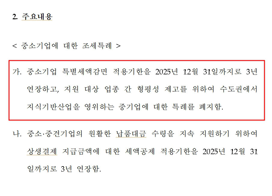 조세특혜제한법 일부개정법률안은 수도권에서 지식기반산업을 영위하는 중기업에 대한 특례(법인세 10% 감면)를 폐지한다고 명시했다.