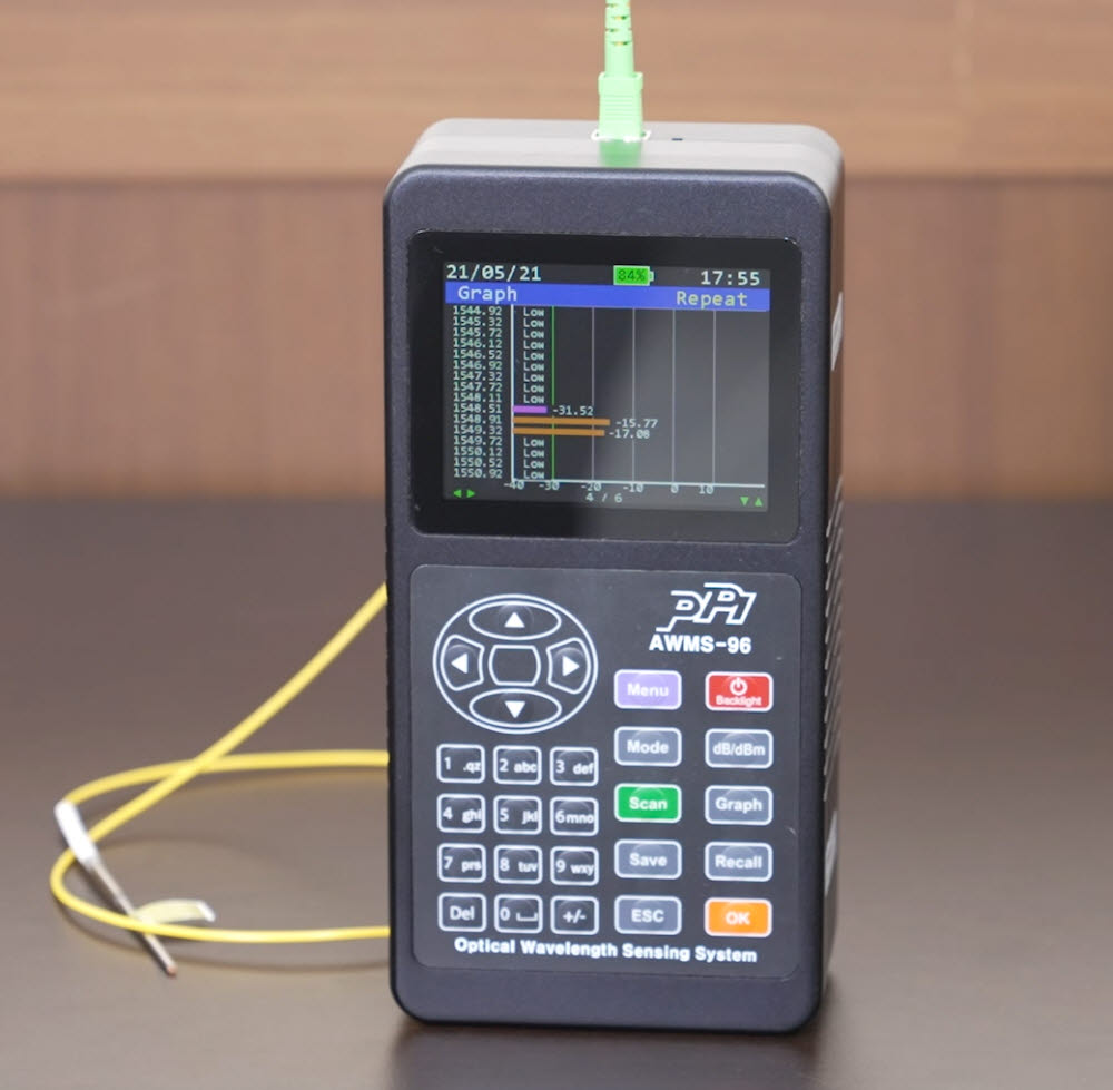 피피아이가 개발한 AWG 기반 파장측정장치. 광섬유 격자 센서의 변형 또는 온도의 변화에 따른 0.01 나노미터의 고분해능 파장을 측정할 수 있다.