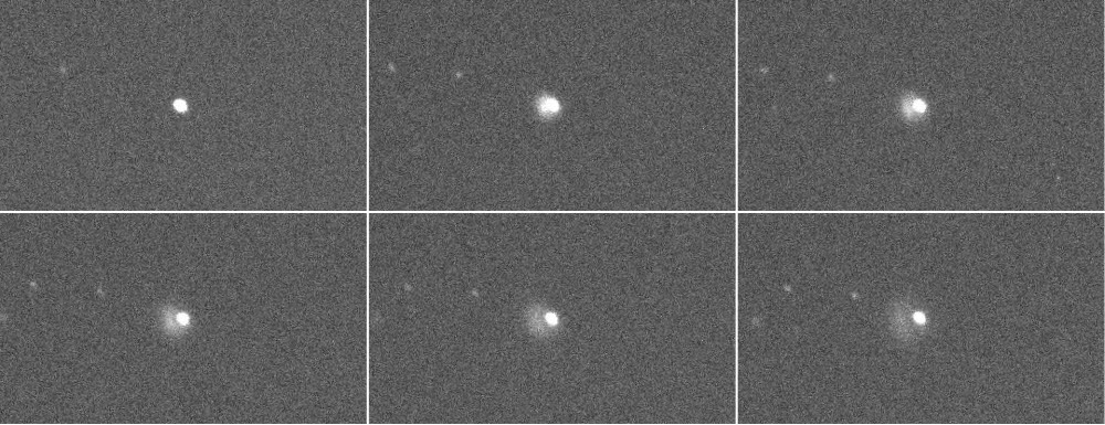 천문연 OWL-3호기 0.5미터 망원경으로 다트 탐사선 충돌 전후를 촬영한 영상. 1번은 충돌 직전 소행성 디모포스, 2~6번은 충돌 직후 먼지가 분출되는 모습. 사진=한국천문연구원