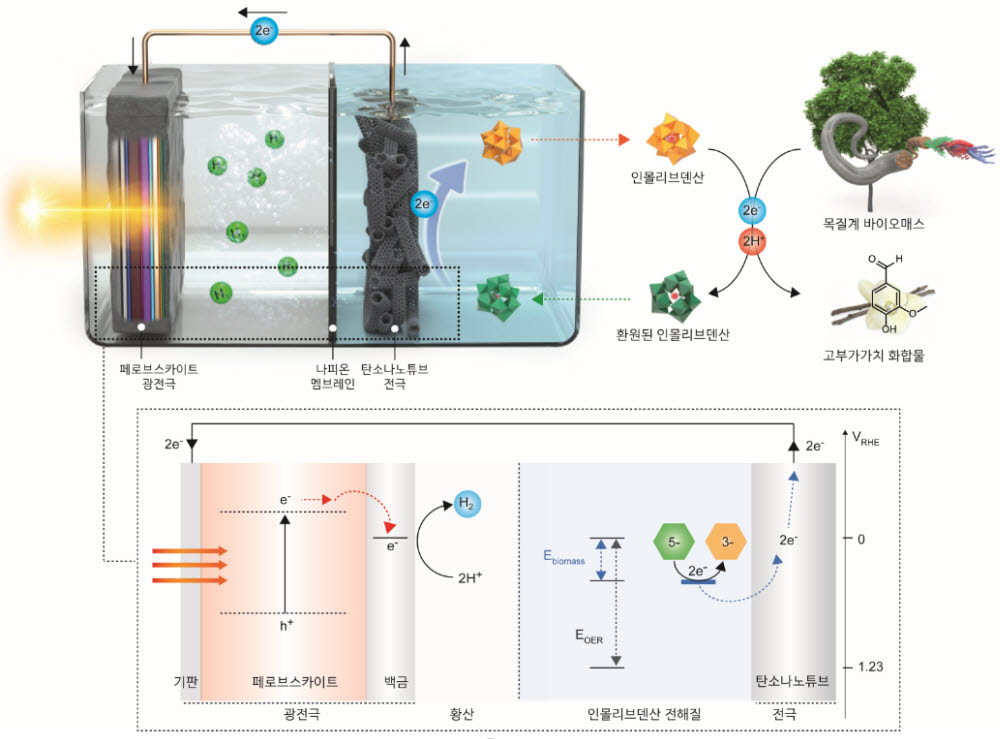 [연구그림] 목질계 바이오매스에서 전자를 추출하는 시스템과 태양광 수소 생산 시스템.