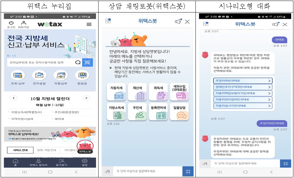 행정안전부가 주정차위반 과태료 등 세외수입에 대해 궁금한 사항을 상담하고 안내해주는 채팅로봇 서비스 위택스봇을 7일부터 시범 운영한다.