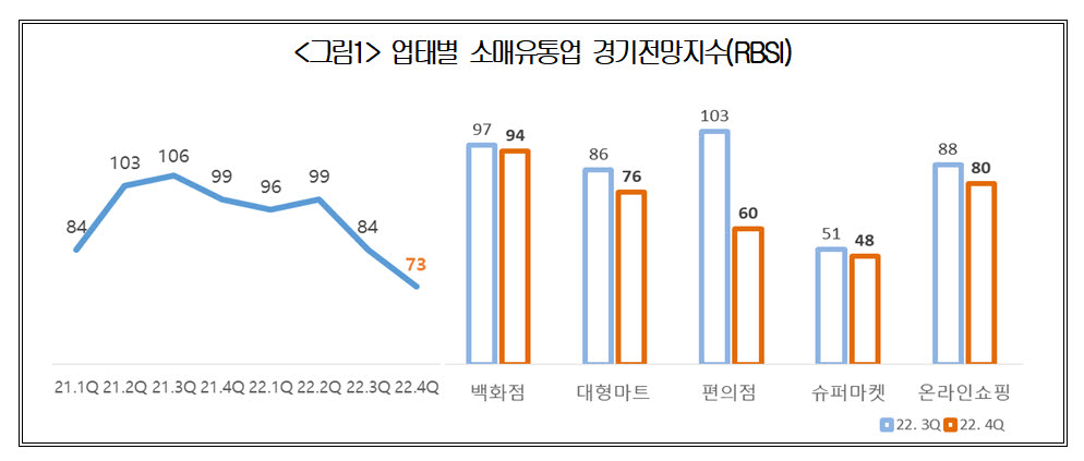 업태별 소매유통업 경기전망지수 (자료: 대한상의)