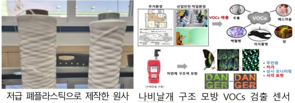 2022년 환경기술개발 우수성과에 뽑힌 폐플라스틱 고품질 재활용(왼쪽) 기술과 나비날개 구조 모방 실내공기질 센서 기술