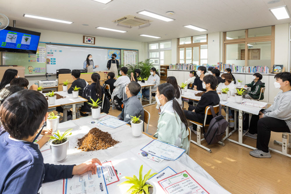 제주 한림초등학교 학생들이 폭스바겐그룹코리아 리멤버 미 프로젝트 환경교육을 받고 있다.