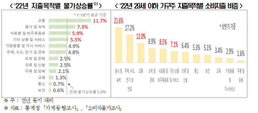 2022년 지출목적별 물가상승률과 2022년 29세 이하 가구주 지출목적별 소비지출 비중