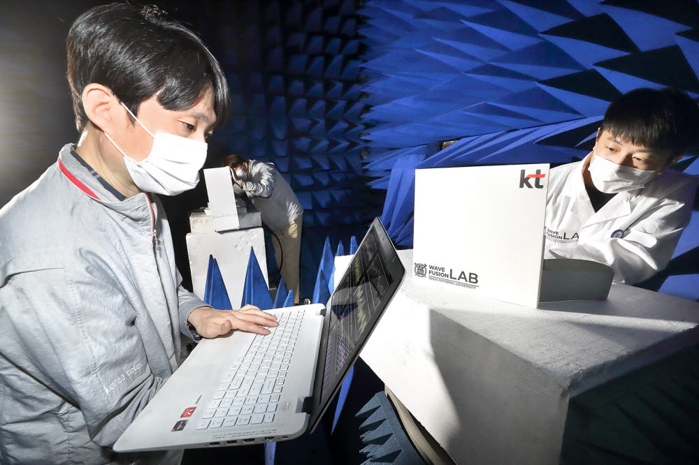 KT 융합기술원 및 서울대학교 연구원이 RIS(지능형 반사 표면) 기술의 성능을 검증하고 있다.