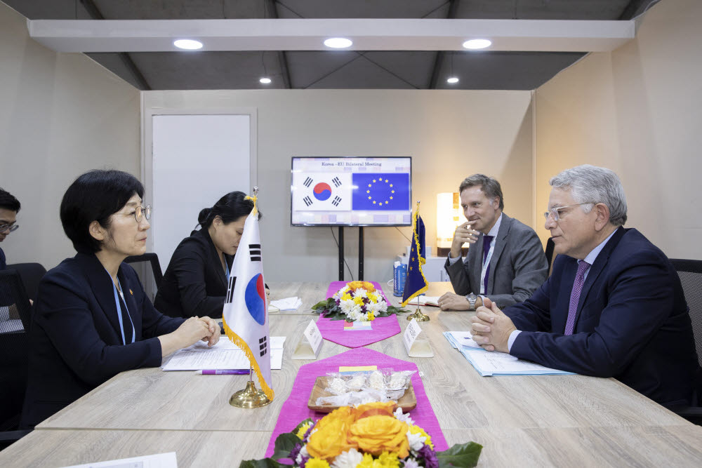 한화진 환경부 장관(왼쪽)이 15일(현지시간) 이집트 샤름엘셰이크에서 게라시모스 토마스 EU 집행위원회 조세총국장과 만나 탄소국경제도(CBAM) 운영 관련 논의를 하고 있다.