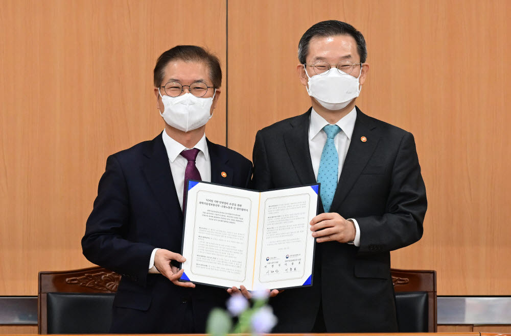 이정식 고용노동부 장관(왼쪽)과 이종호 과학기술정보통신부 장관이 디지털 기반 안전일터 조성을 위한 업무협약을 맺고 기념촬영하고 있다.