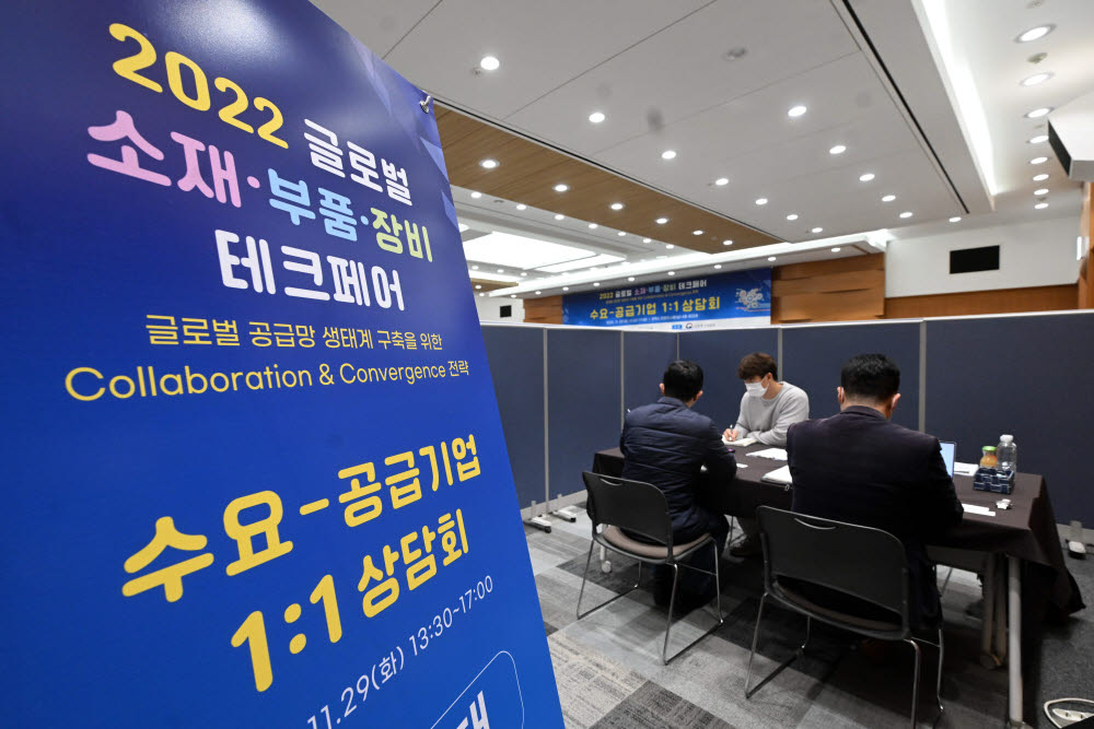 한국산업기술평가관리원과 전자신문이 주최하는 2022 글로벌 소재·부품·장비 테크페어가 글로벌 공급망 생태계 구축을 위한 Collaboration&Convergence 전략을 주제로 29일 서울 강남구 코엑스에서 열렸다. 삼성디스플레이, LG디스플레이, SK하이닉스로 구성된 수요-공급기업 1:1 상담회 부스에서 상담이 진행되고 있다. 김민수기자 mskim@etnews.com