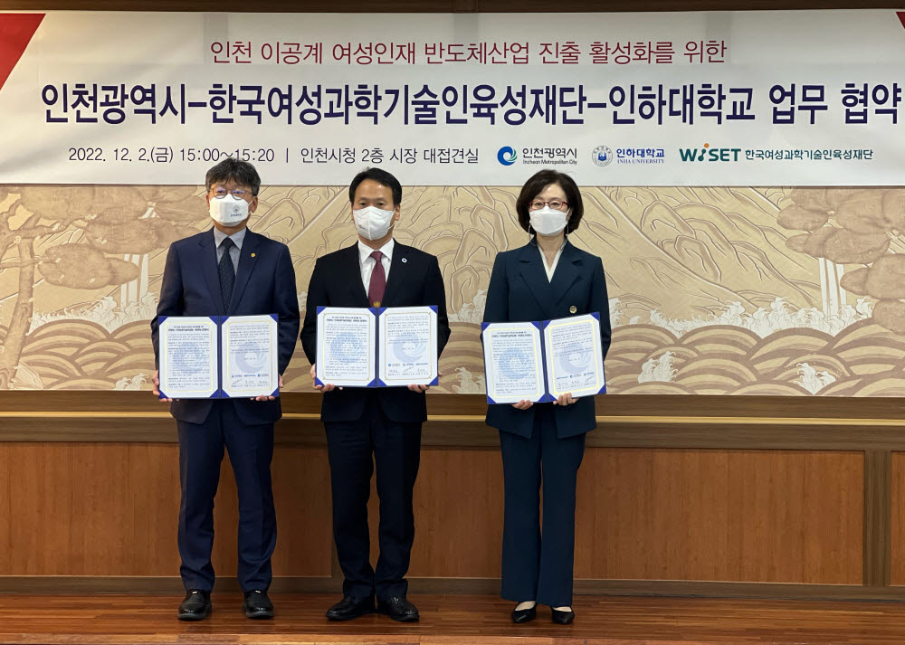 인천시가 최근 한국여성과학기술인육성재단, 인하대와 함께 이공계 여성인재 반도체 산업 진출 활성화 위한 업무협약을 체결한 뒤 기념촬영했다.