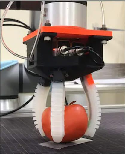 일본 산업기술종합연구소(AIST)는 최근 동작 정확도와 형상 감지 능력을 높인 손가락형 로봇용 이온 전도성 고분자 센서를 개발했다. 센서가 탑재된 로봇이 감을 쥔 모습.