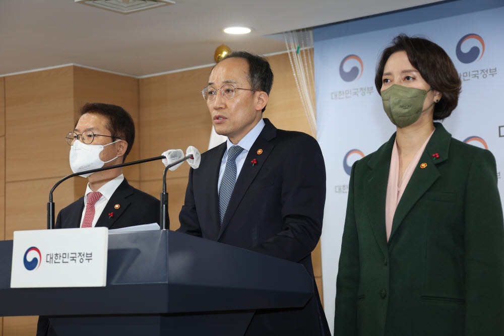 추경호 부총리 겸 기획재정부 장관이 20일 정부서울청사 브리핑실에서 이정식 고용노동부 장관(왼쪽), 이영 중소벤처기업부 장관이 배석한 가운데 추가연장근로 일몰연장 입법 촉구 대국민담화문을 발표하고 있다.(사진=연합뉴스)