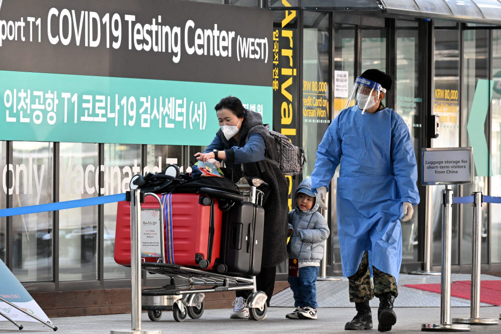 중국발 입국자 PCR 검사 의무, 검사센터 이동하는 여행객